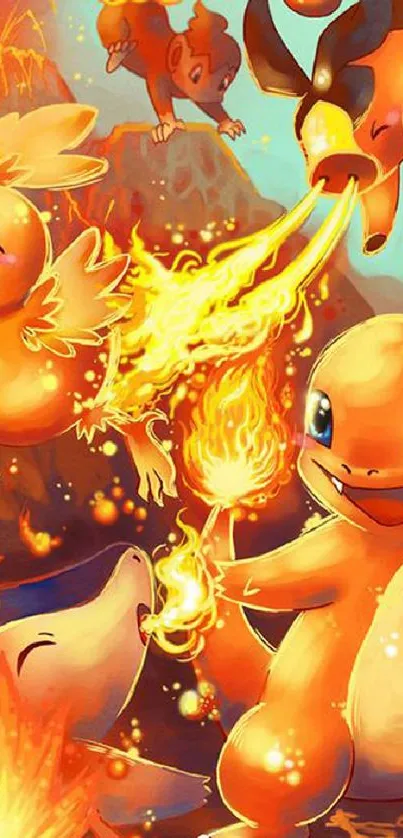 Animated fiery creatures in vibrant colors, featuring flames.