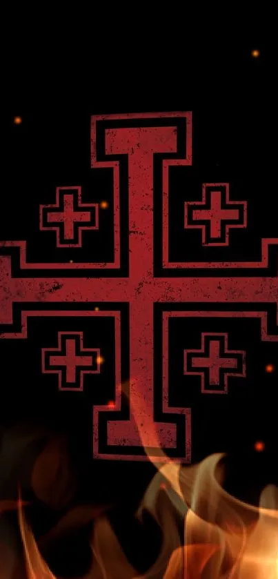 Fiery cross emblem on black background with burning flames.