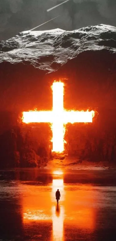 Fiery cross against a dark mountain background with reflection.