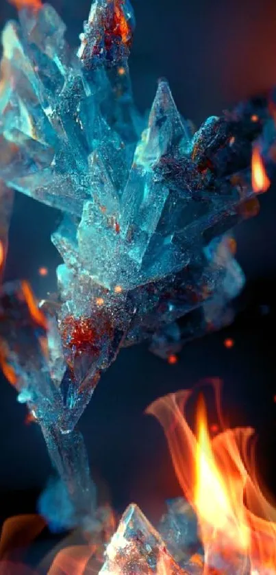 Fiery blue crystal wallpaper with flames.