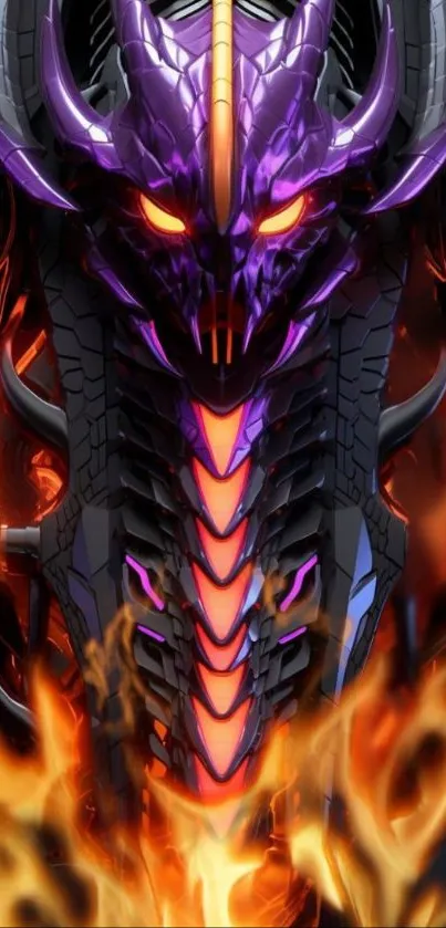 Fiery cyber dragon with purple and orange hues in vivid digital art.