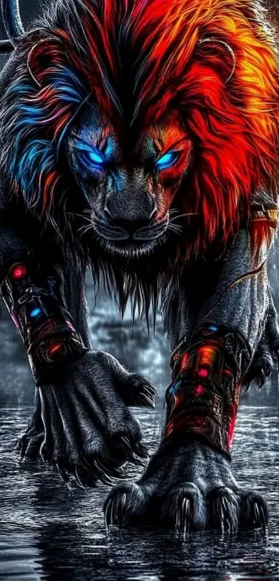 Cybernetic lion with fiery mane in dark setting