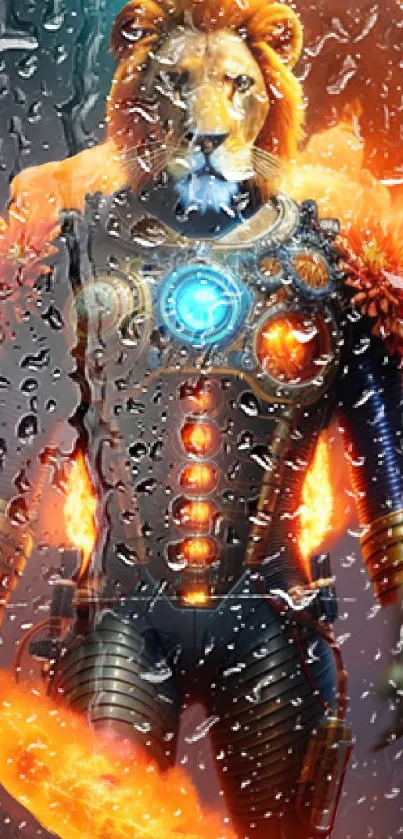 Fiery cybernetic lion warrior with metallic armor and blazing effects.