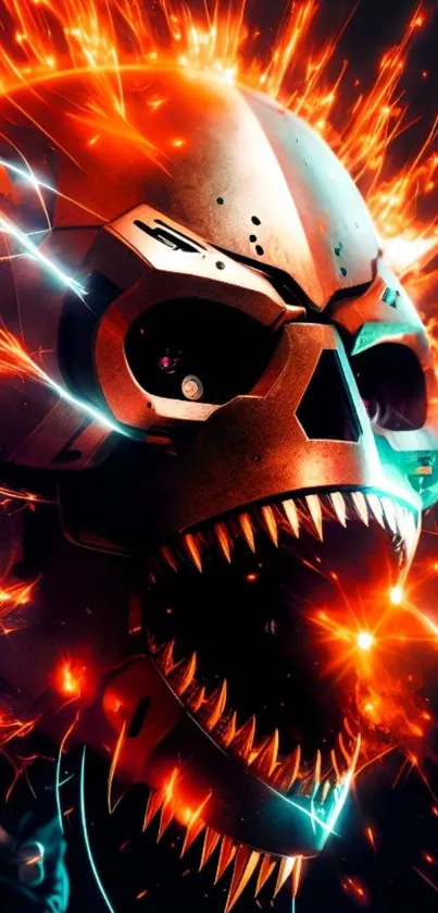 Fiery cyber skull with glowing flames and sharp features.