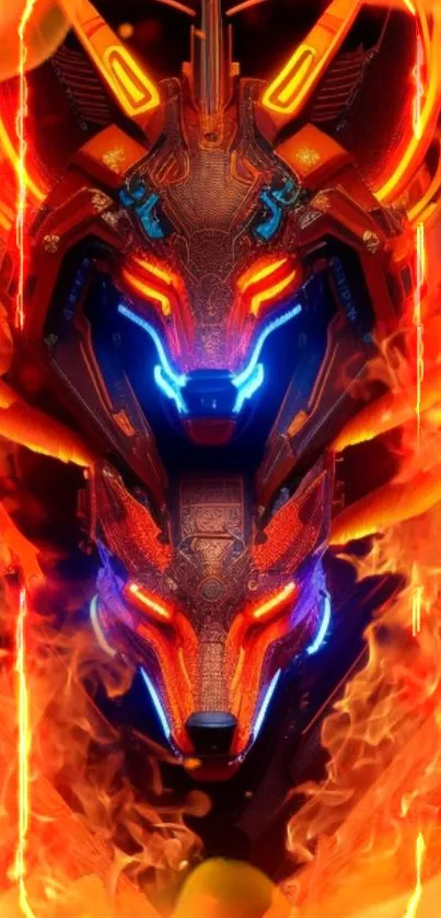 Fiery cybernetic wolf with neon lights on a digital wallpaper.