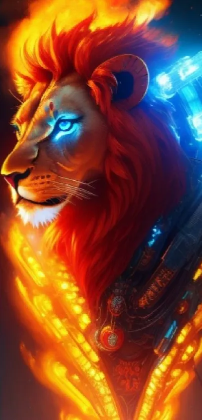 A cyberpunk lion with neon and fiery colors in a digital art wallpaper.