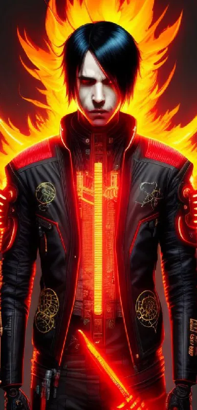 Cyberpunk warrior with fiery neon glow and striking digital art style.