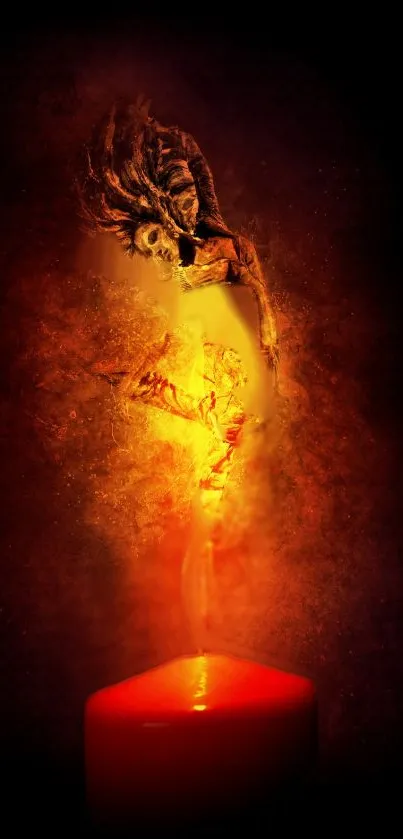 A dancer emerging from a fiery candle with dark background.