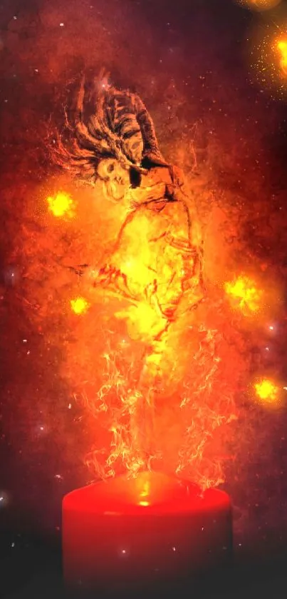 Surreal fiery dance art with vibrant cosmic flames on a mobile wallpaper.