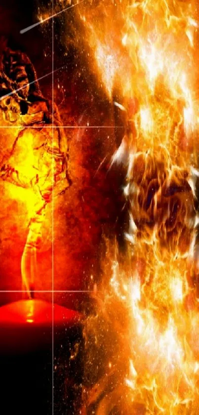 Fiery dance with orange flames on black background wallpaper.