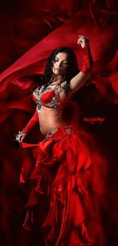 Fiery dance with elegant red costume on wallpaper.