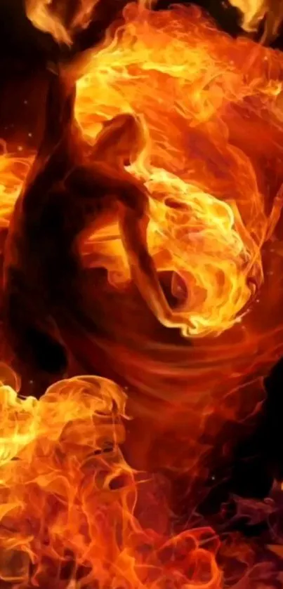 Fiery dancer surrounded by swirling orange flames.