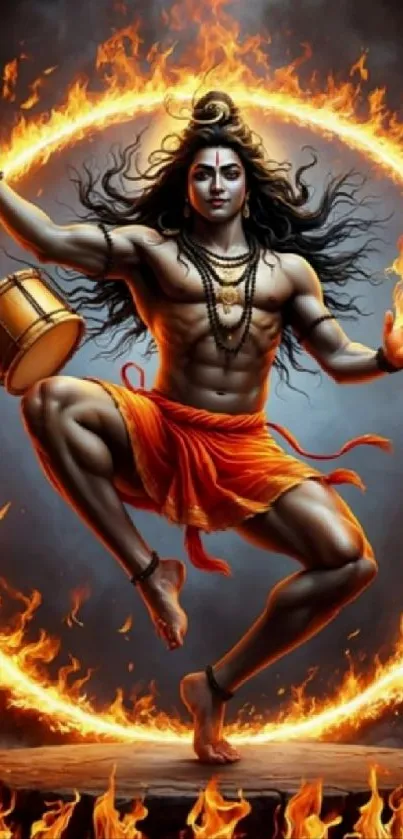 Shiva in fiery dance with vibrant flames and drum.