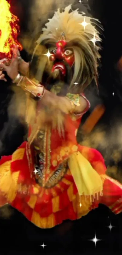 Vibrant dance performance with fiery colors on black background.