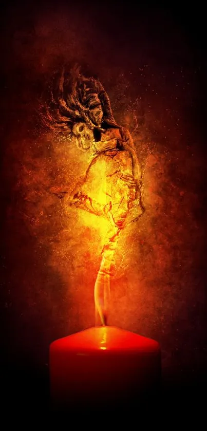 Fiery dancer merging with candle flame on dark wallpaper.