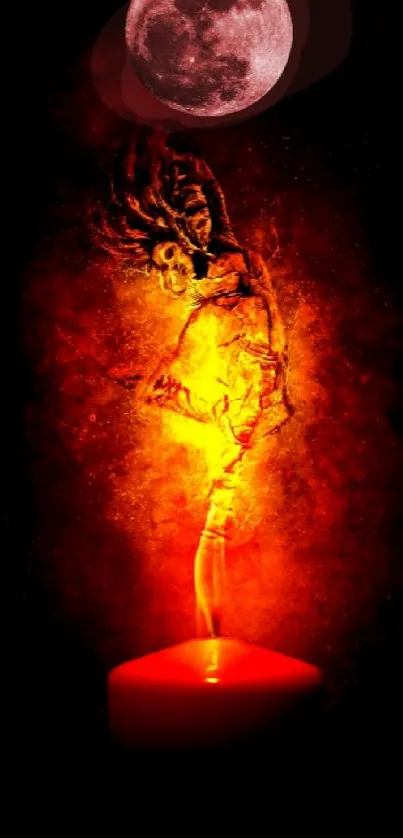 Fiery figure dancing above a glowing candle with a full moon in the background.