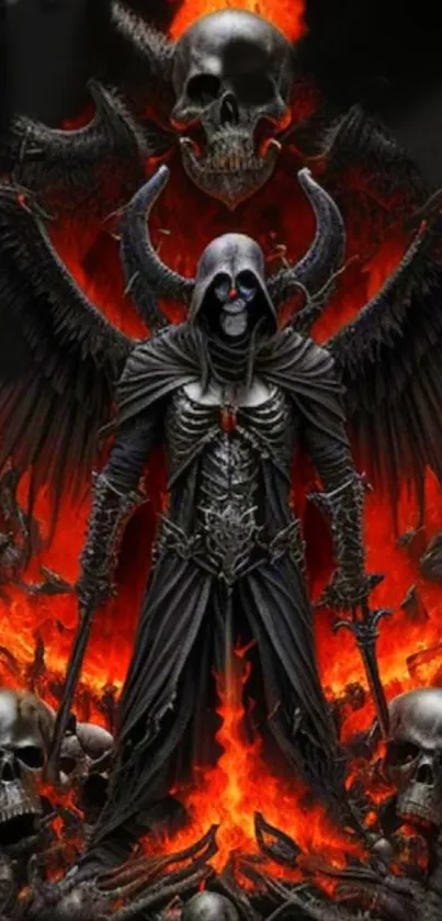 Dark angel in flames with skulls and wings background.