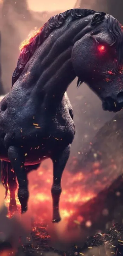 A mystical unicorn with fiery horn in dark fantasy landscape.