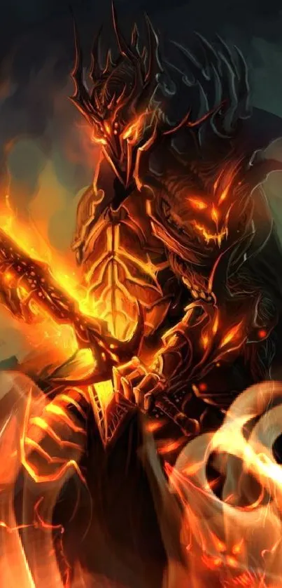 Fiery dark warrior holding a flaming sword, wrapped in flames.