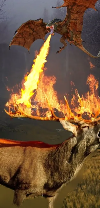 Deer with flaming antlers and dragon in a mystical setting.