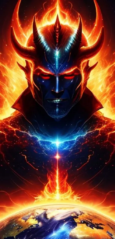 Fiery demon with blazing horns in artwork, featuring intense fire colors.