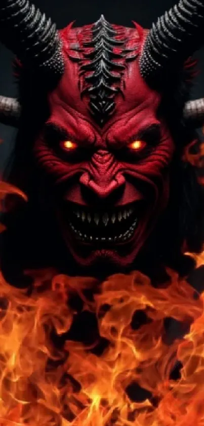 Red-skinned demon with flaming eyes and horns surrounded by fire.