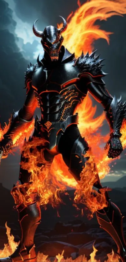 Fiery demon with dark armor engulfed in flames, set against a moody background.