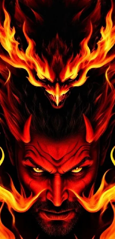 Fiery demon with flames and intense expression on a dark background wallpaper.