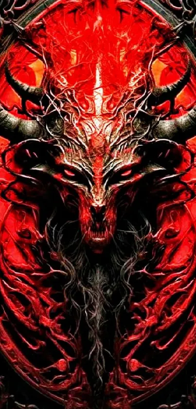 Fiery demon artwork with dark horns and intense red background.