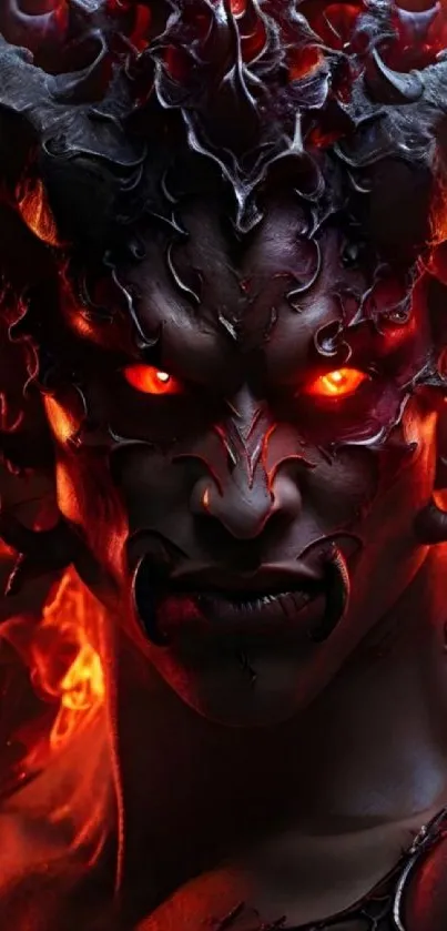 Intense fiery demon fantasy artwork with glowing eyes.