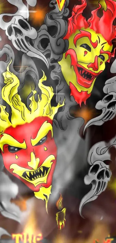 Fiery demon faces with mystical skulls on a mobile wallpaper.