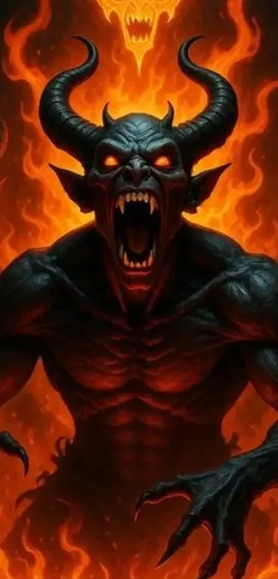 Fiery horned demon with flames background.