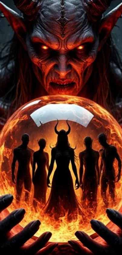 Fiery demon art with dark shades and mystical figures in a mobile wallpaper.