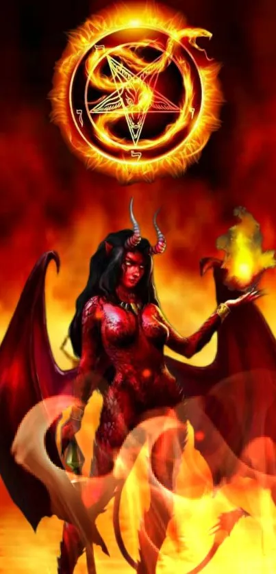 Fiery demon surrounded by flames, holding mystical symbols.