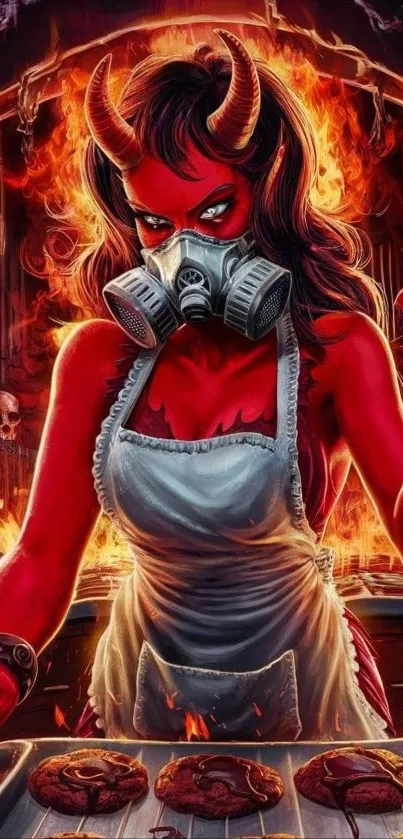 Demon chef baking in fiery kitchen with cookies.