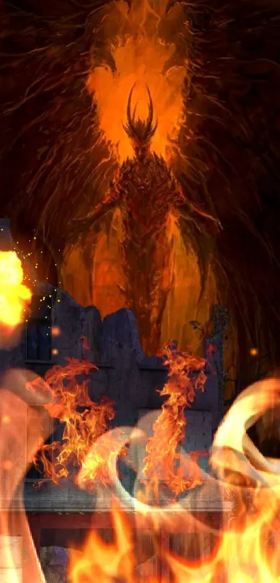 Fiery demon overlooking a city in flames with vibrant orange tones.