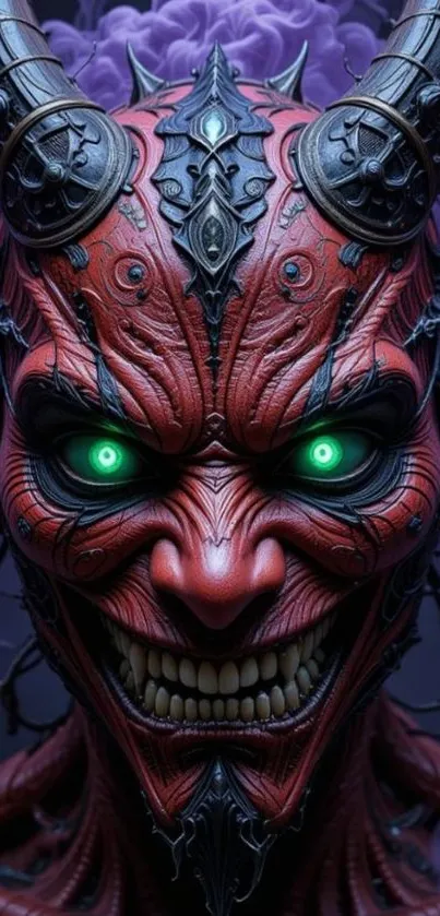Fiery demon face with a glowing green eyes in digital art style.