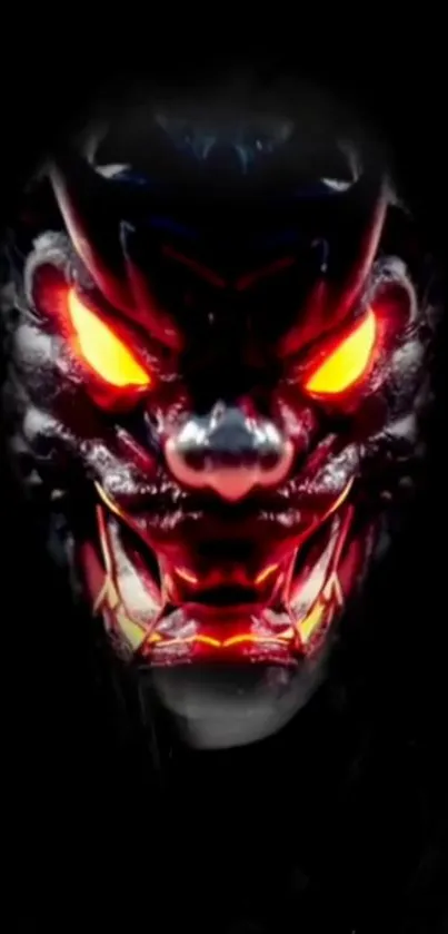 Fiery demon face with glowing red eyes and dark background.