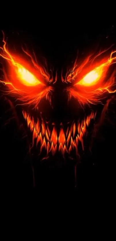 Fiery demon face with glowing eyes on black background.