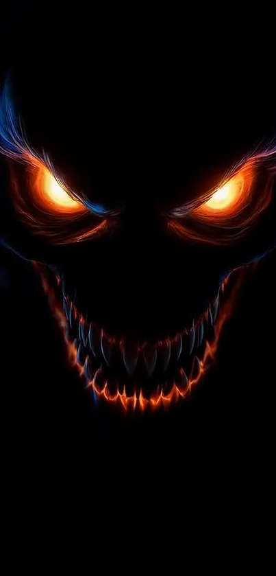 Fiery demon face with glowing eyes in darkness.