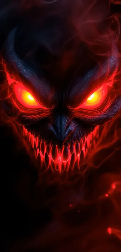 Fiery demon face with glowing eyes in smoke effect for mobile wallpaper.