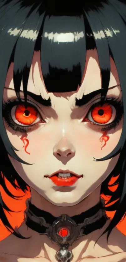 Digital art of a demon girl with red eyes and black hair on a fiery red background.