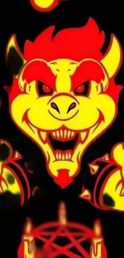 Fiery demon graphic with red and yellow flames on a black background.