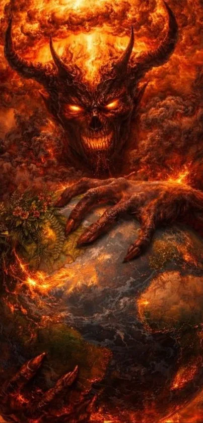 Demonic figure holding Earth in fiery background.