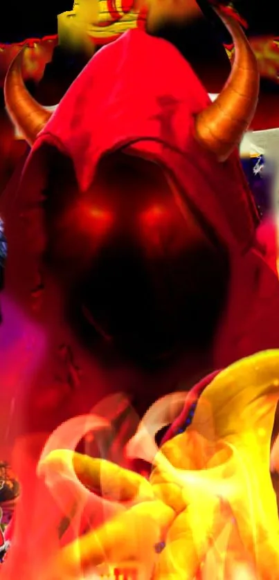 Hooded demon with fiery background and playing cards.