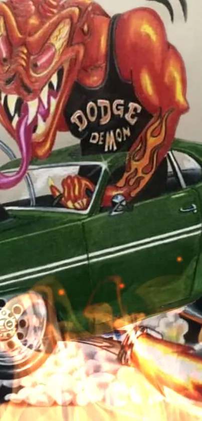 Fiery demon driving a classic green muscle car with flames.