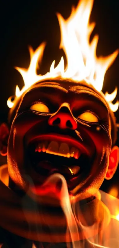 Fiery demon mask glowing with intense flames in dark setting.