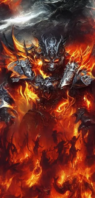 Fiery demon rising amidst flames in dynamic wallpaper.