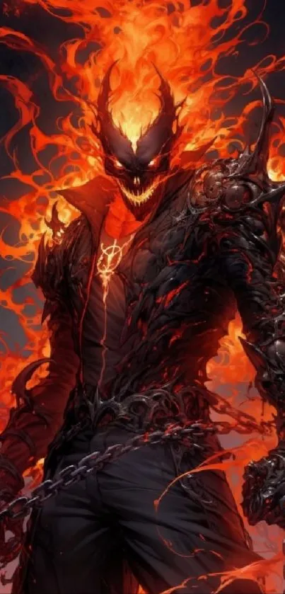 Fiery demon engulfed in flames, dark fantasy mobile wallpaper.