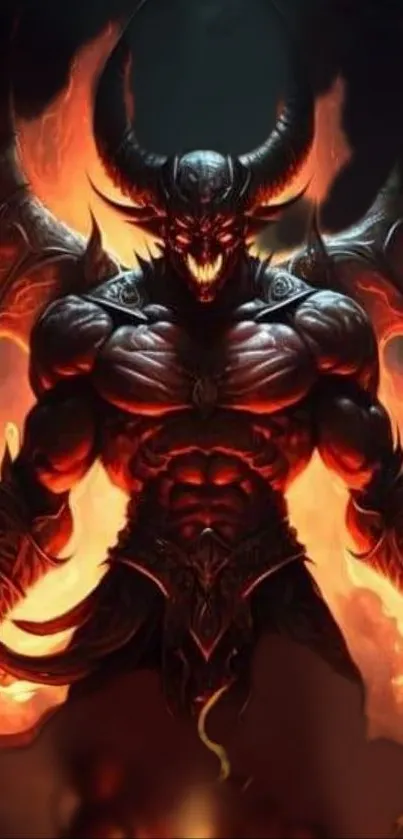 Fiery demon with wings in dark fantasy style mobile wallpaper.